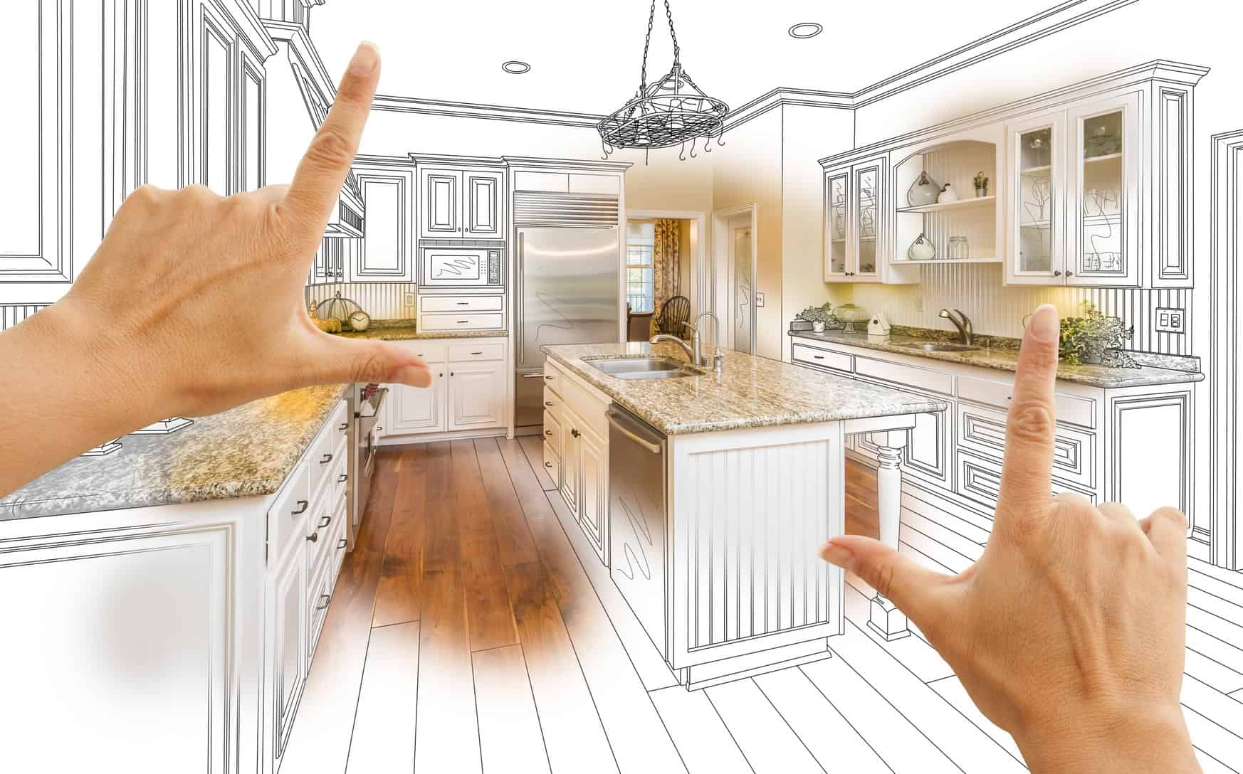 Manos de arquitecto calculando tamaños en un proyecto de cocina