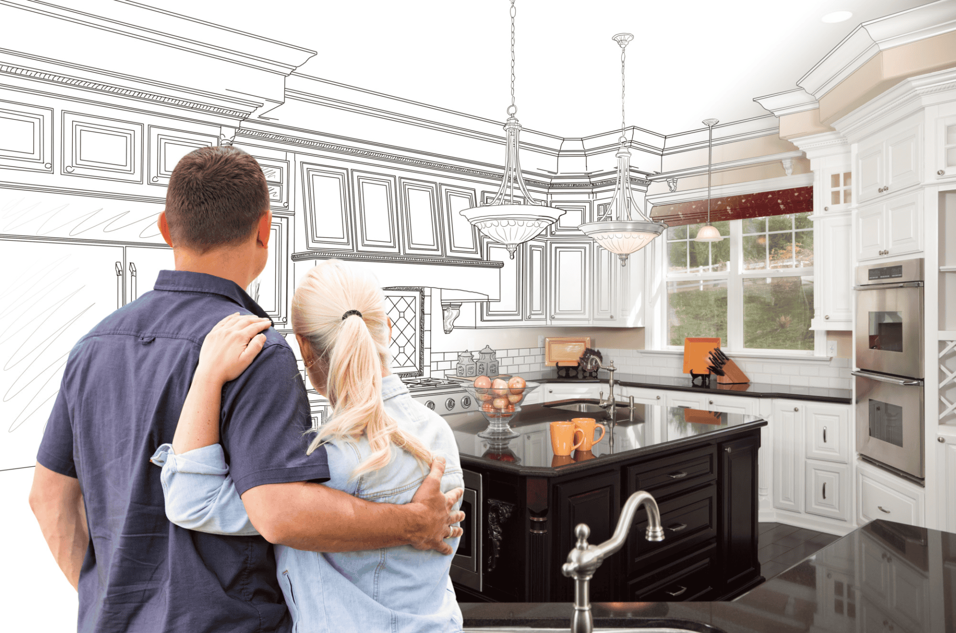 Pareja imaginando su nueva cocina
